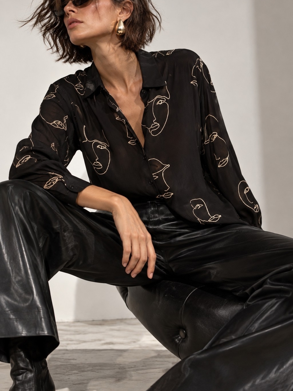 ICHI Abstract Face Print Blouse | Artsy Chic Statement Shirt | Size 34